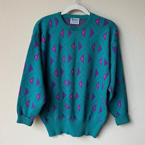 Vintage Meister 80s Retro Teal Purple Geometric Sweater Size M - Picture 2 of 8